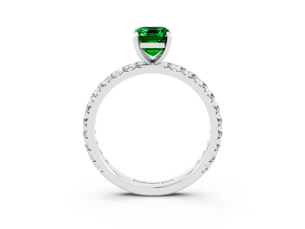 Silver Emerald Cut Emerald Pavé Solitaire Ring with Round Band and Prong Setting