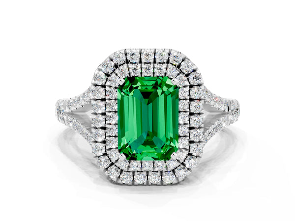 Platinum Emerald Cut Emerald Pavé Split Shank Double Halo Engagement Ring