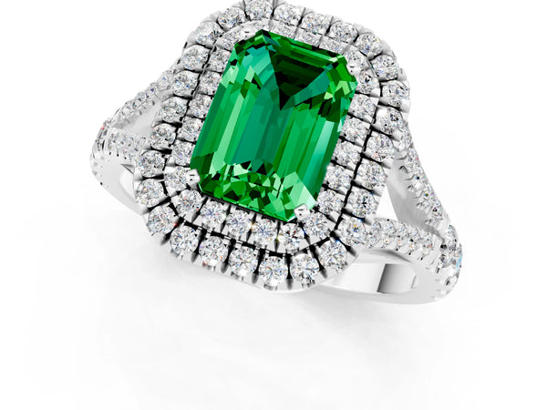 Platinum Emerald Cut Emerald Pavé Split Shank Double Halo Engagement Ring