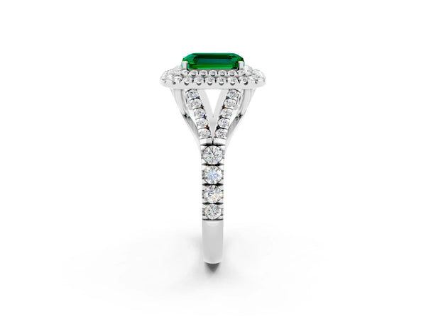 White gold Emerald Cut Emerald Pavé Split Shank Double Halo Engagement Ring