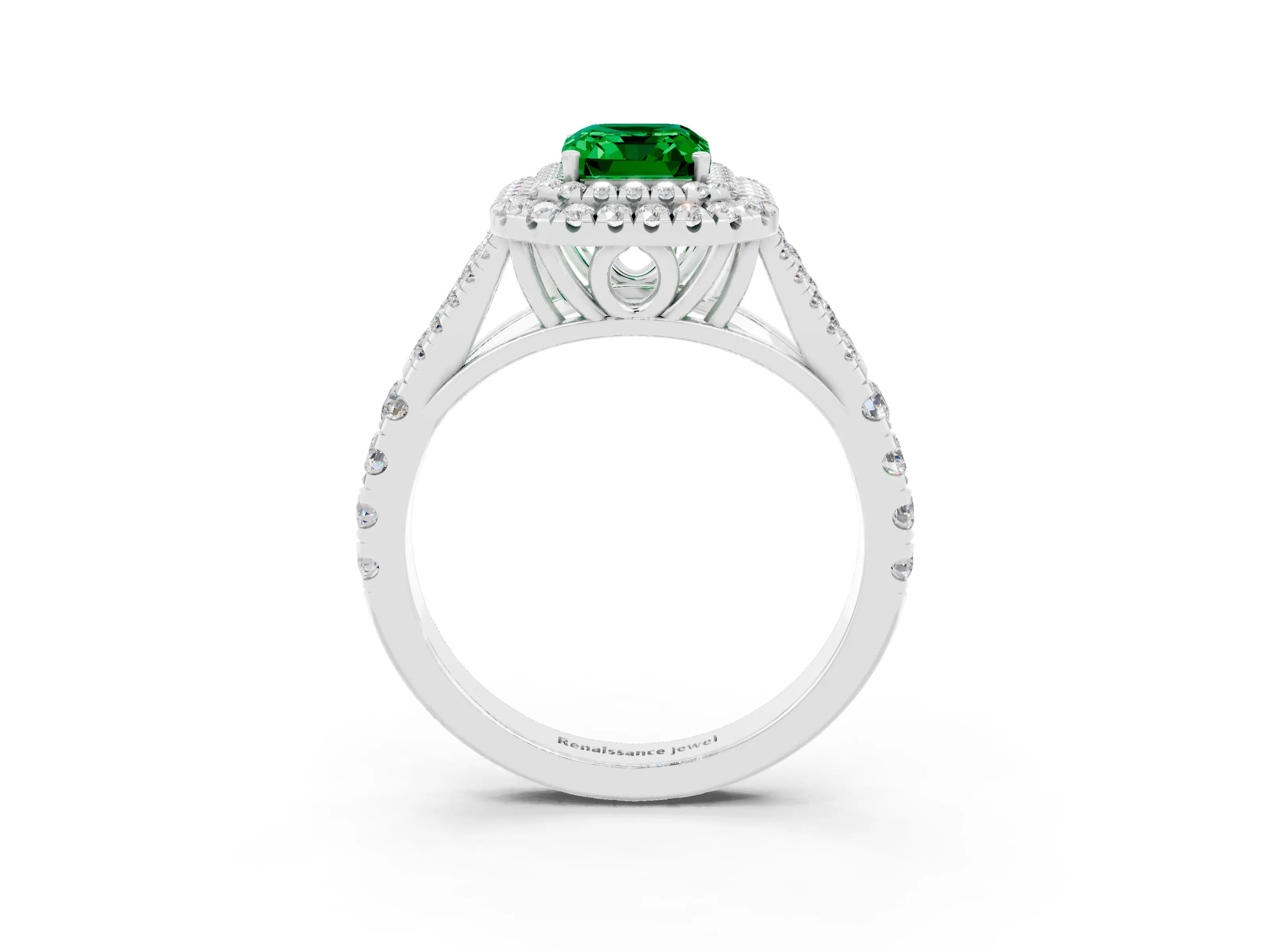 White gold Emerald Cut Emerald Pavé Split Shank Double Halo Engagement Ring_3