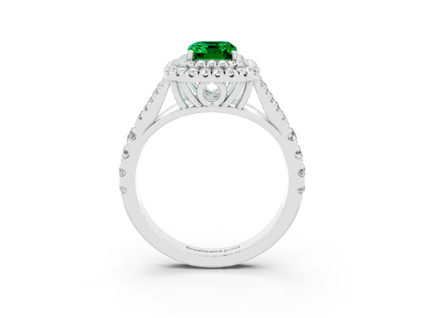 Platinum Emerald Cut Emerald Pavé Split Shank Double Halo Engagement Ring