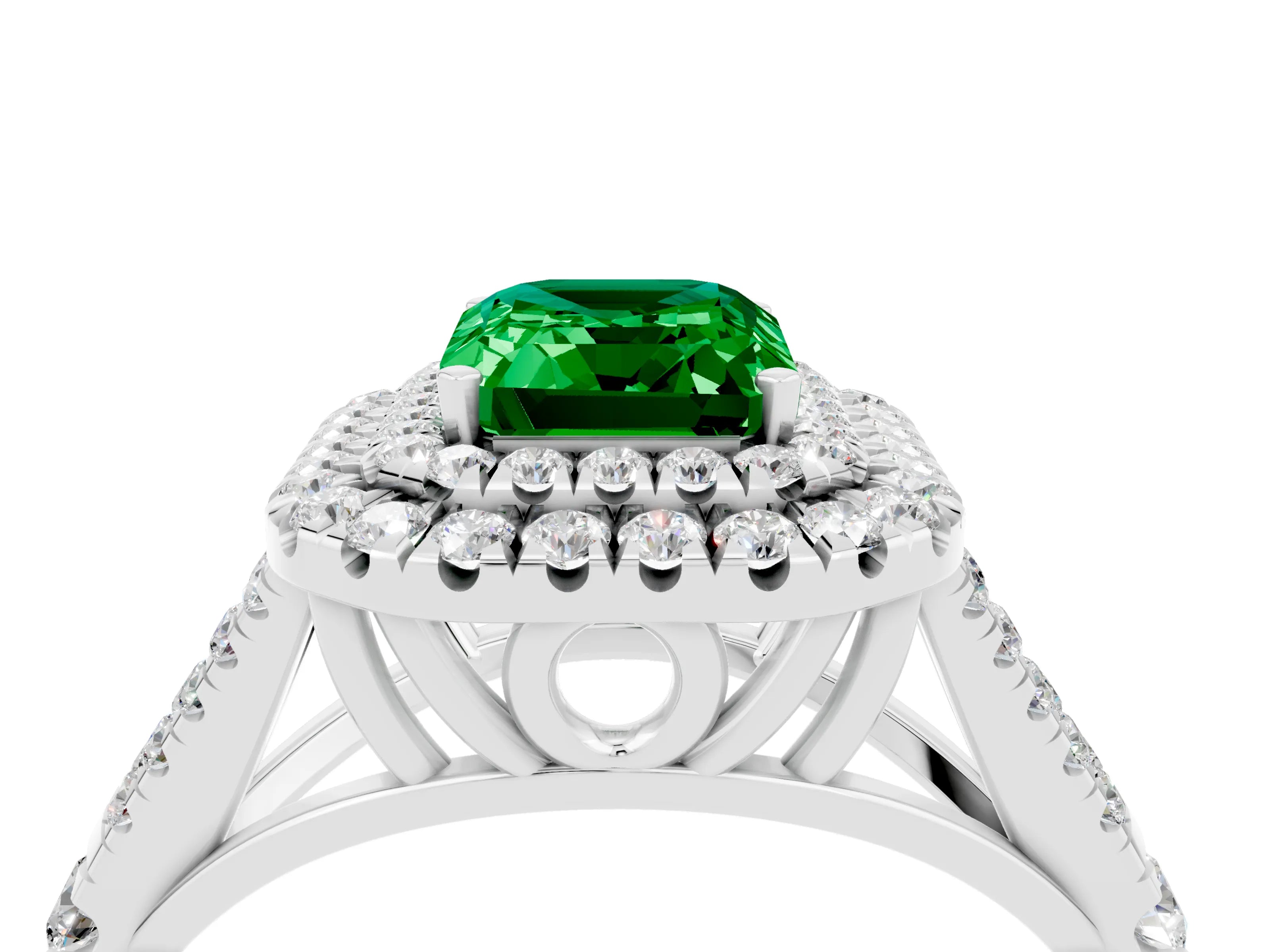 White gold Emerald Cut Emerald Pavé Split Shank Double Halo Engagement Ring_4