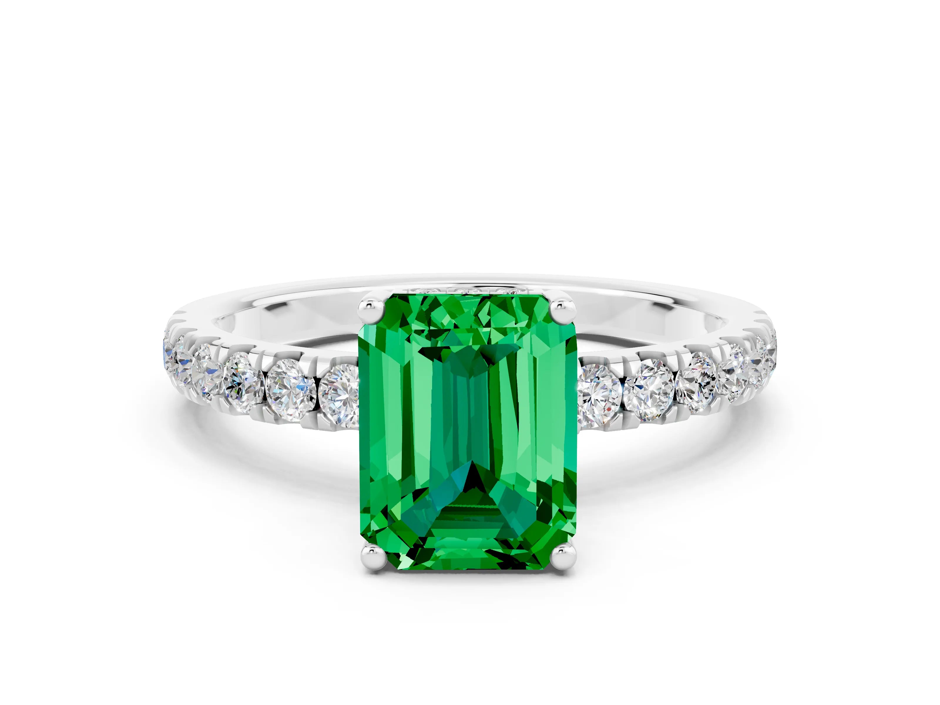 White gold Emerald Cut Emerald Pave Band Solitaire Ring with Four-Prong Setting_24