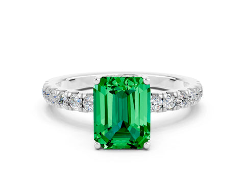 White gold Emerald Cut Emerald Pave Band Solitaire Ring with Four-Prong Setting_24