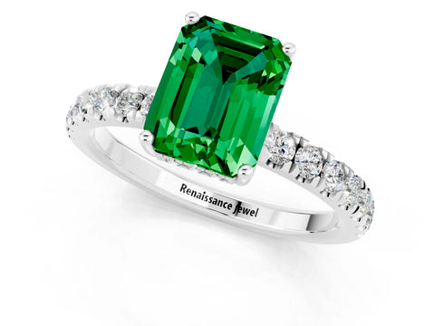 White gold Emerald Cut Emerald Pave Band Solitaire Ring with Four-Prong Setting_25
