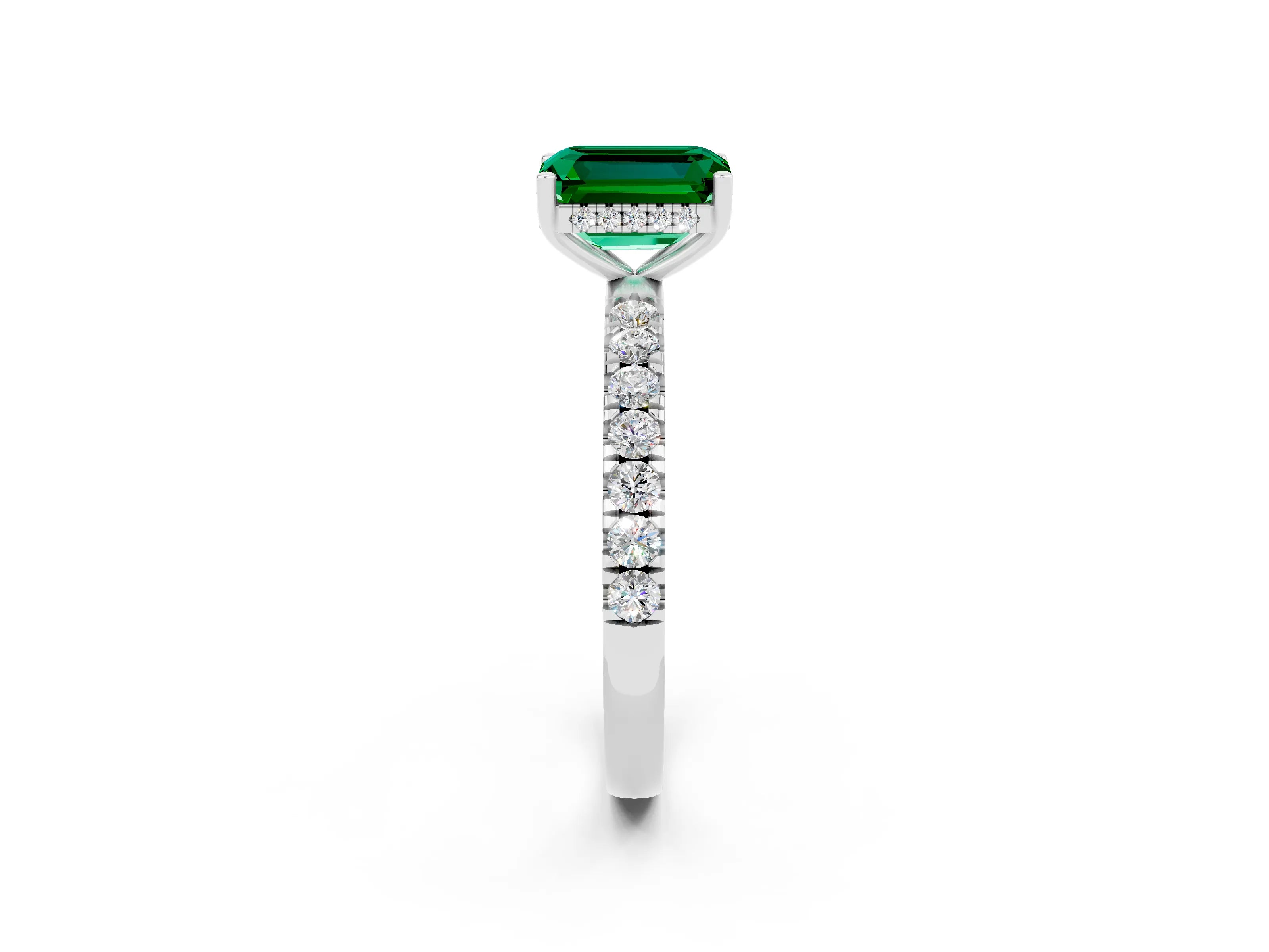 White gold Emerald Cut Emerald Pave Band Solitaire Ring with Four-Prong Setting_26