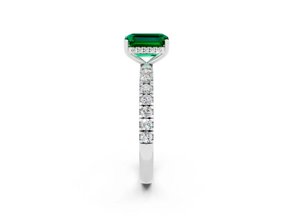 Silver Emerald Cut Emerald Pave Band Solitaire Ring with Round  and Prong Setting