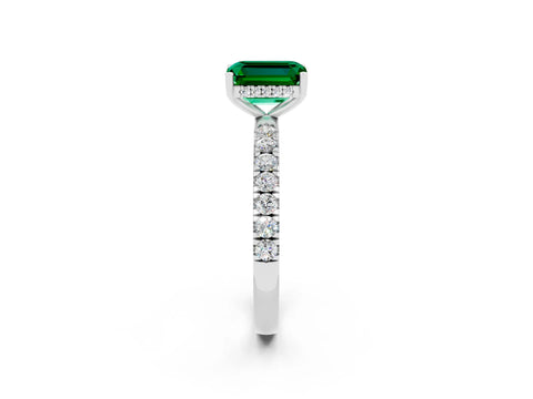 White gold Emerald Cut Emerald Pave Band Solitaire Ring with Four-Prong Setting_26