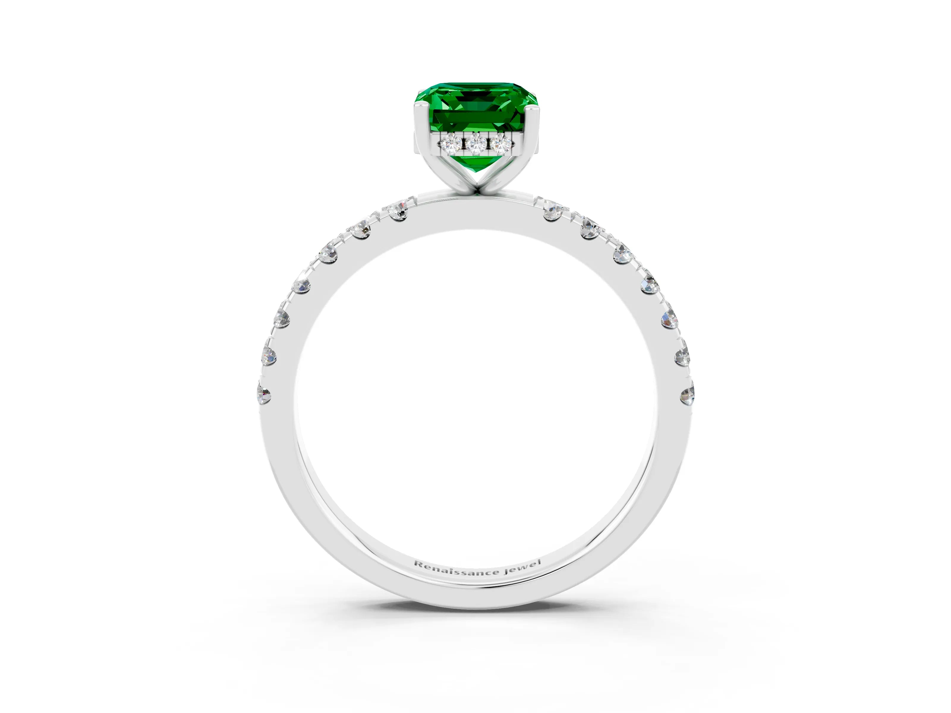 White gold Emerald Cut Emerald Pave Band Solitaire Ring with Four-Prong Setting_27