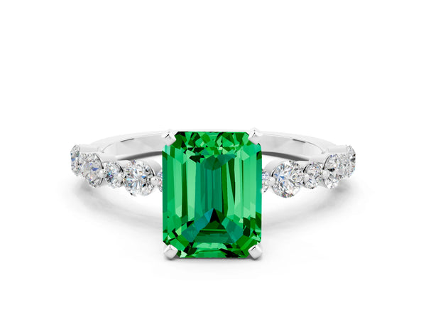 Platinum Emerald Cut Emerald Prong Set Engagement Ring with Pavé Band