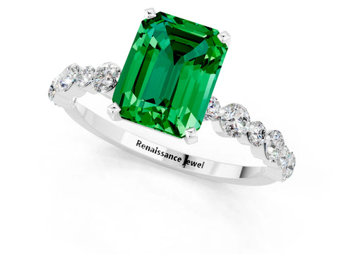 White gold Emerald Cut Emerald Prong Set Engagement Ring with Pavé Band_1