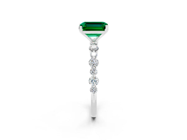 Platinum Emerald Cut Emerald Prong Set Engagement Ring with Pavé Band