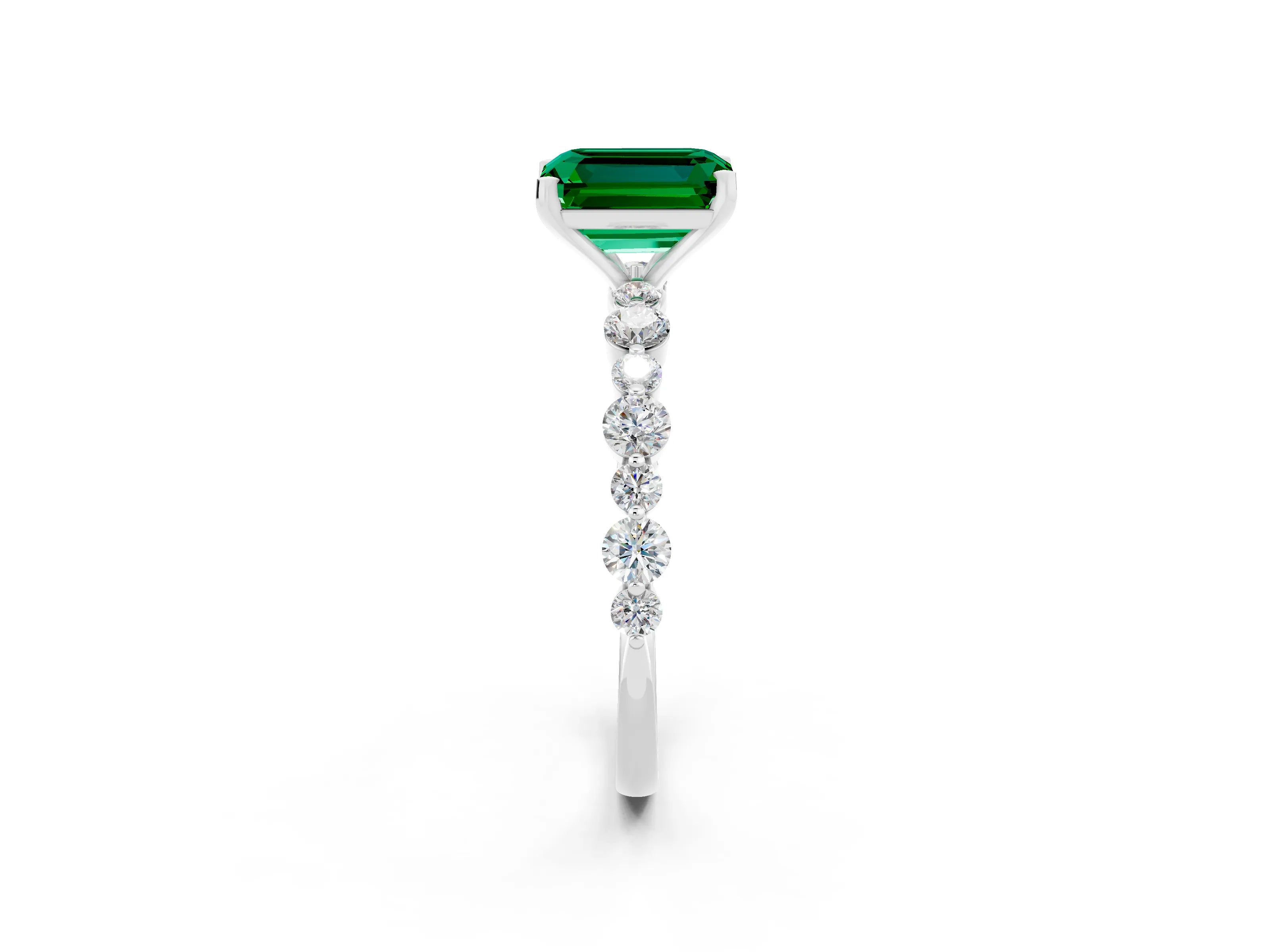 White gold Emerald Cut Emerald Prong Set Engagement Ring with Pavé Band_2