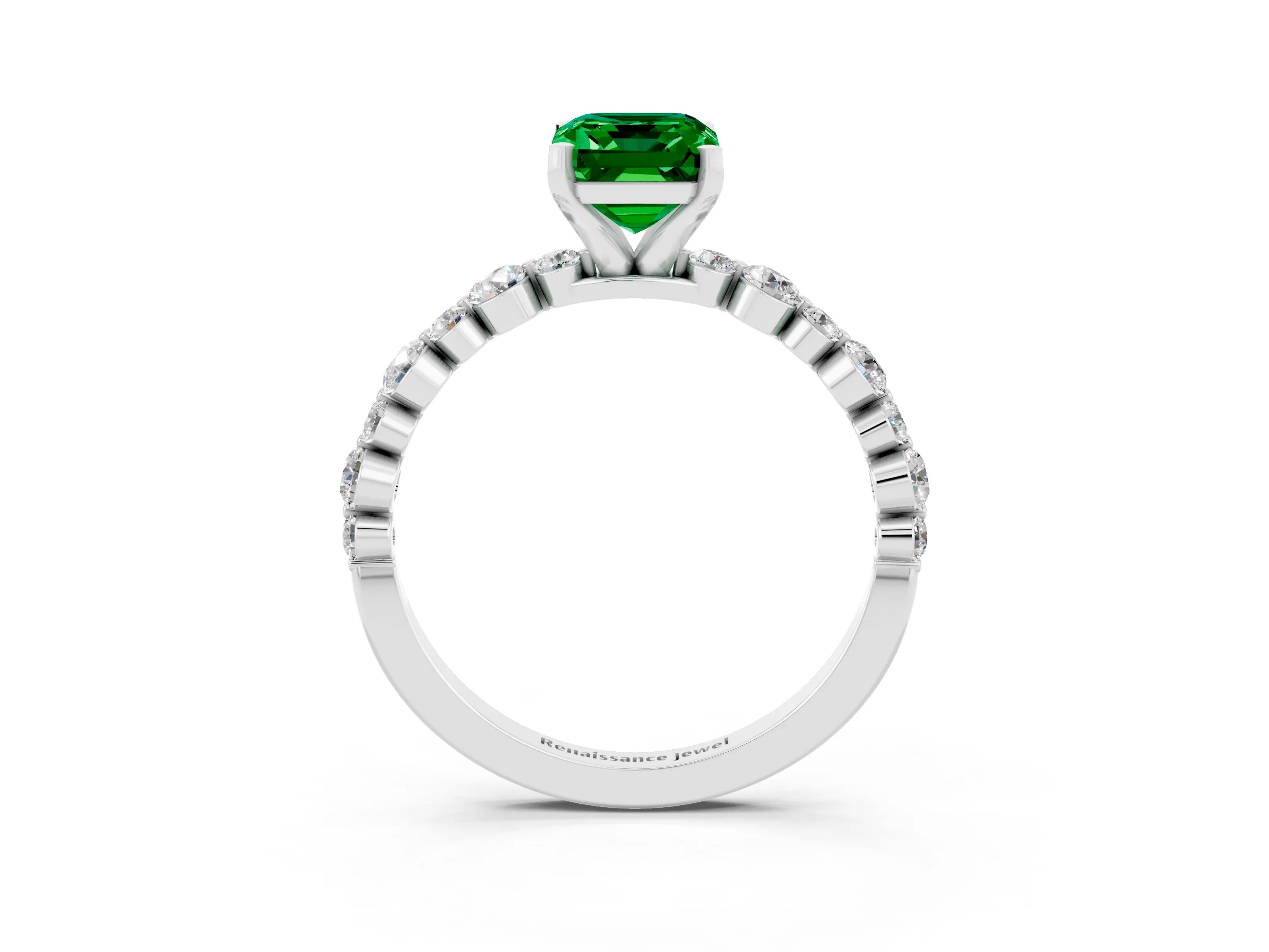 White gold Emerald Cut Emerald Prong Set Engagement Ring with Pavé Band_3