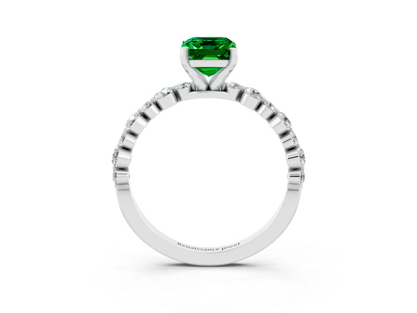 Silver Emerald Cut Emerald Prong Set Engagement Ring with Pavé Band