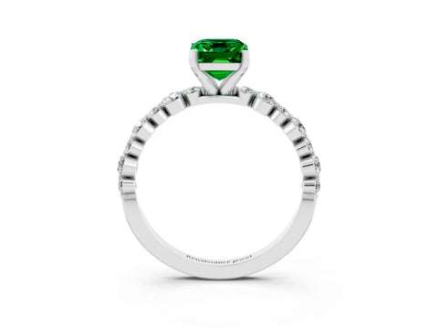 White gold Emerald Cut Emerald Prong Set Engagement Ring with Pavé Band_3