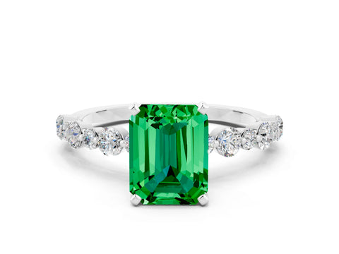 White gold Emerald Cut Emerald Prong Set Engagement Ring with Pavé Band