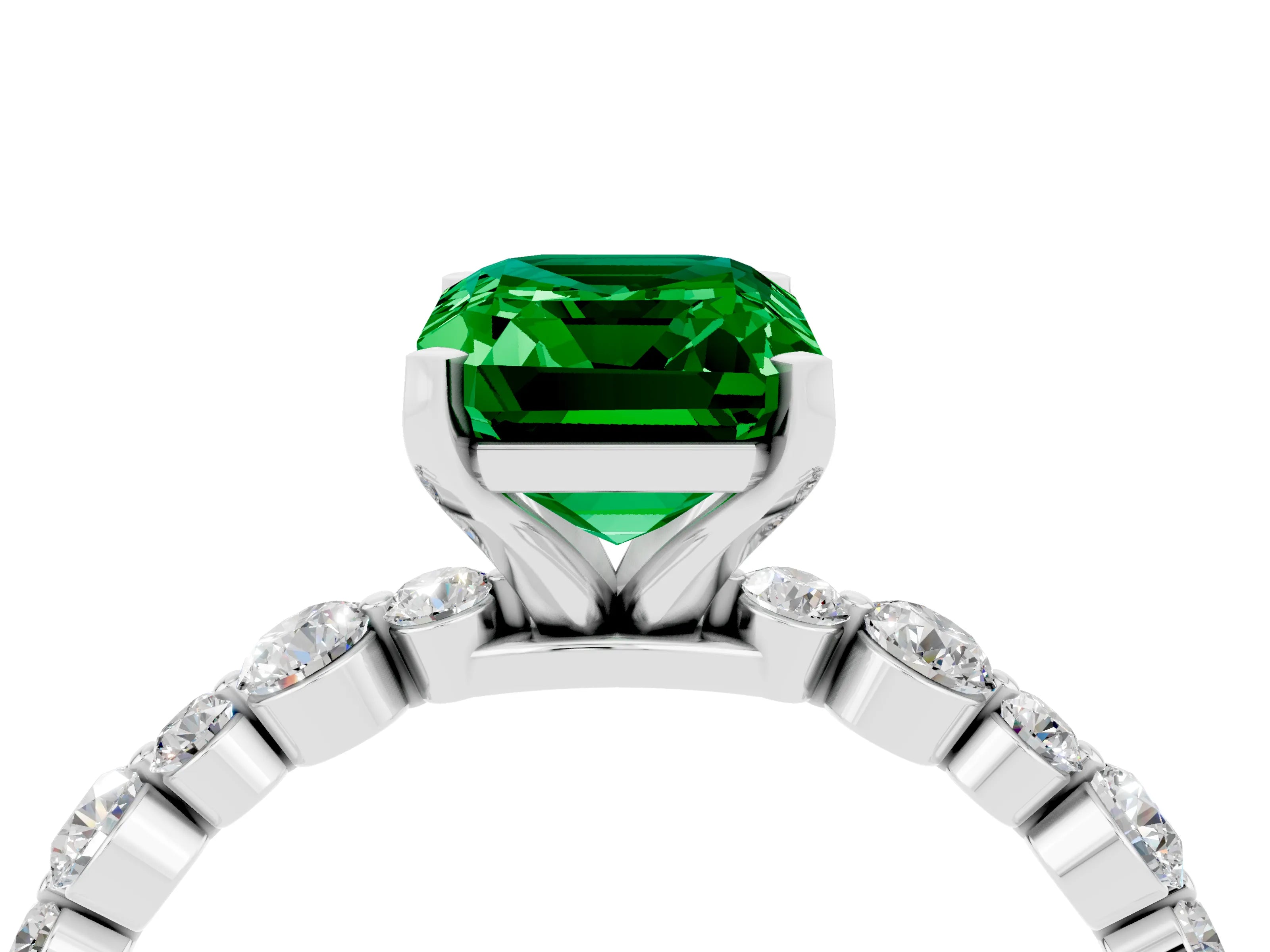 White gold Emerald Cut Emerald Prong Set Engagement Ring with Pavé Band_4