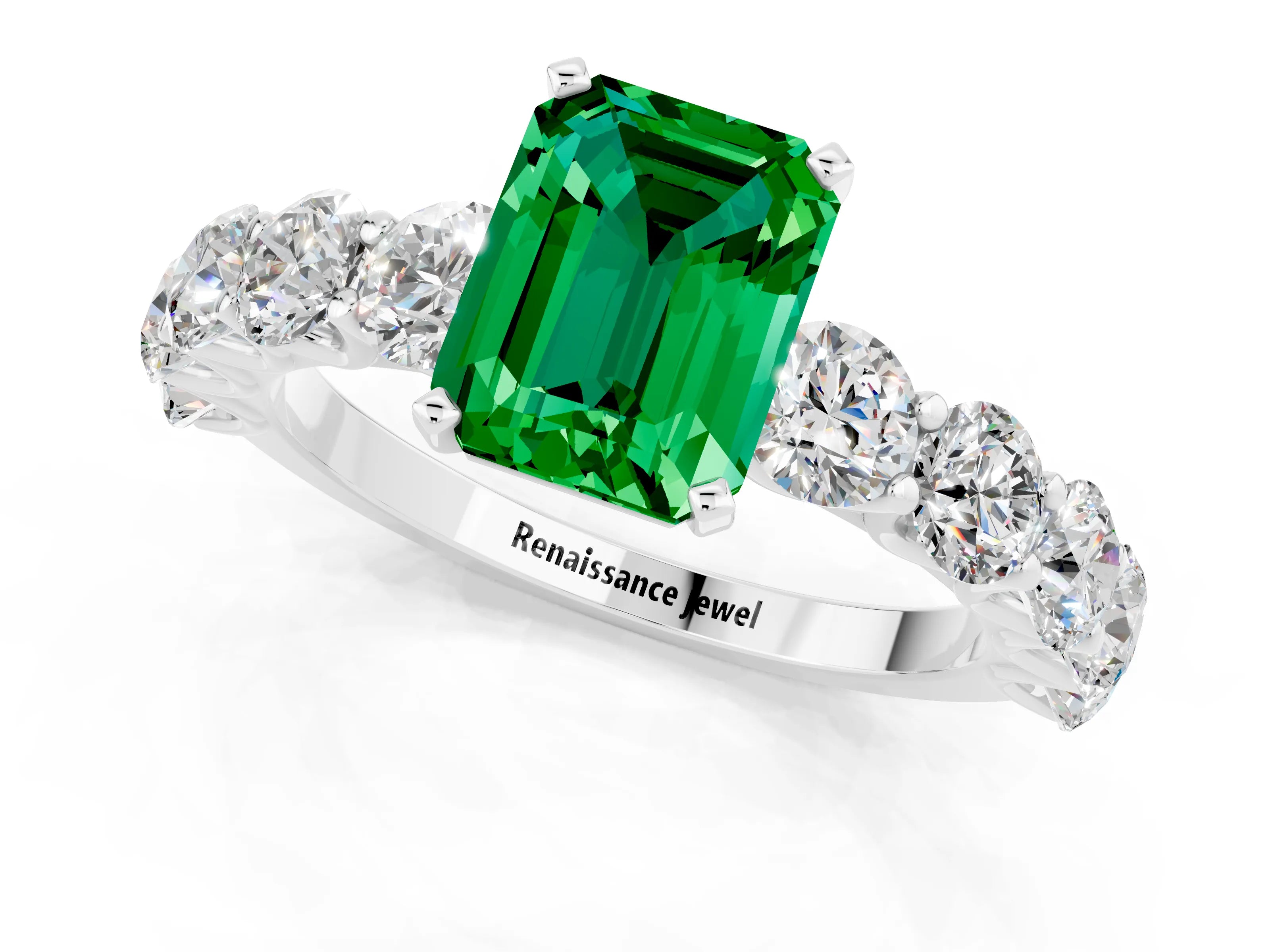 White gold Emerald Cut Emerald Prong Setting with Side Stones on a Pave Band_1