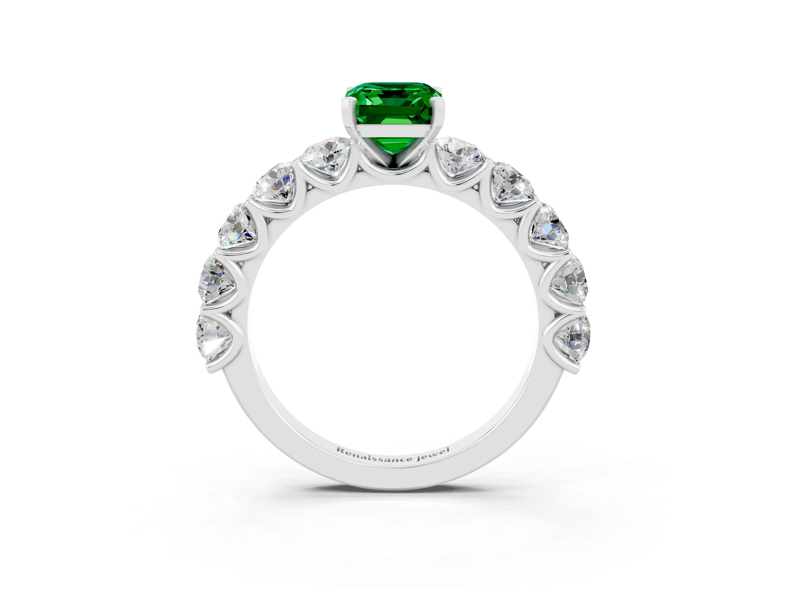 White gold Emerald Cut Emerald Prong Setting with Side Stones on a Pave Band_3
