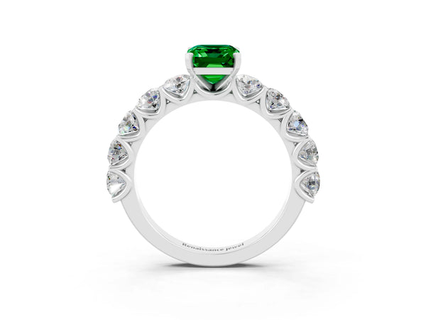 White gold Emerald Cut Emerald Prong Setting with Side Stones on a Pave Band