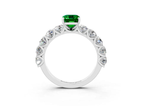 White gold Emerald Cut Emerald Prong Setting with Side Stones on a Pave Band_3