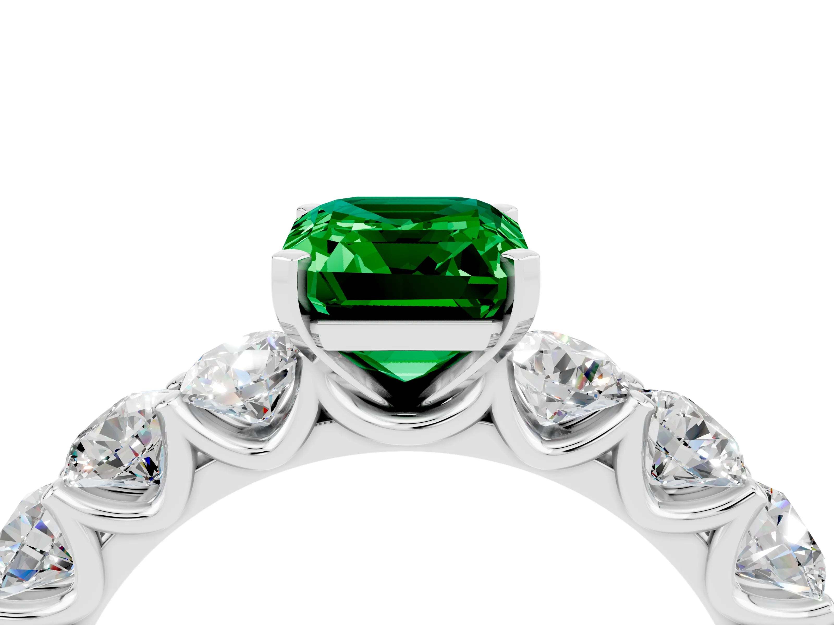 White gold Emerald Cut Emerald Prong Setting with Side Stones on a Pave Band_4