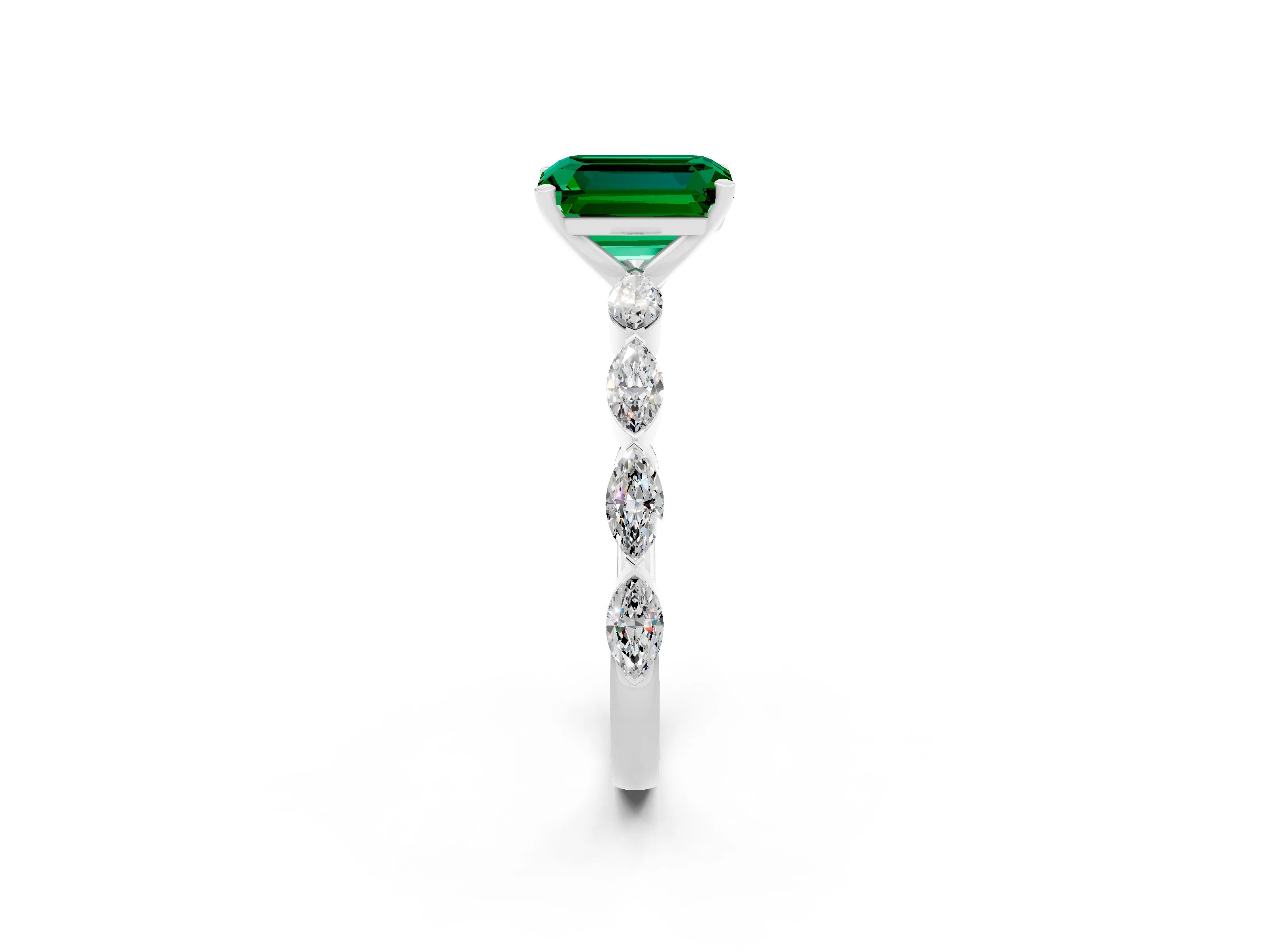 White gold Emerald Cut Emerald Ring with Marquise Side Stones and Prong Setting_2