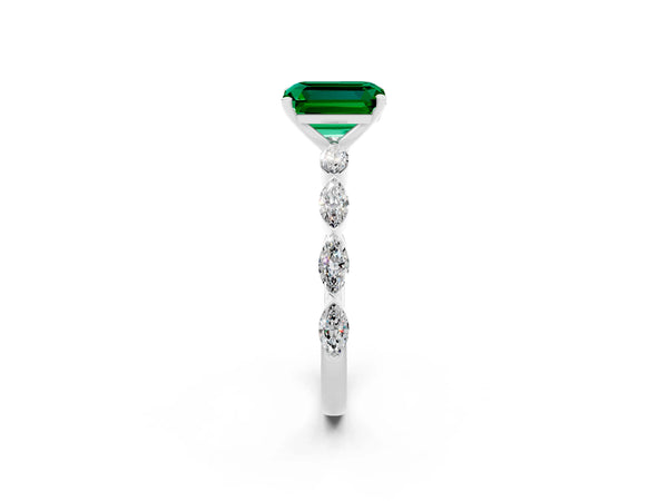 Silver Emerald Cut Emerald Ring with Marquise Side Stones and Prong Setting