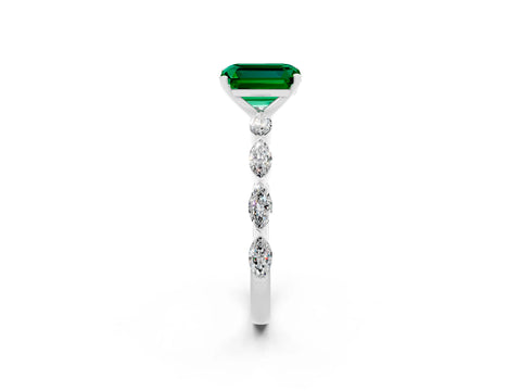 White gold Emerald Cut Emerald Ring with Marquise Side Stones and Prong Setting_2