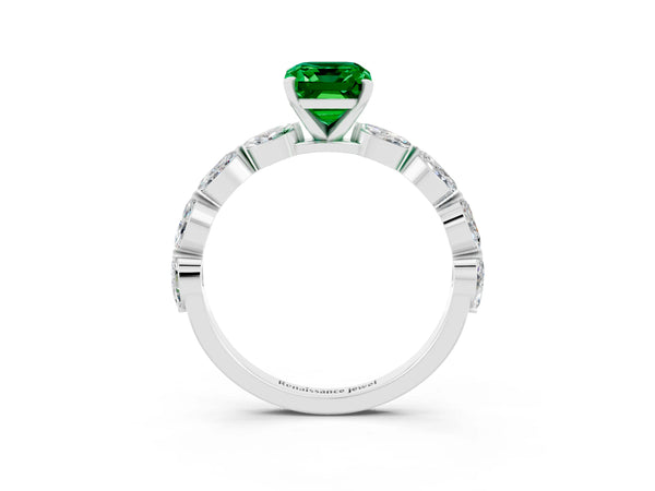 Platinum Emerald Cut Emerald Ring with Marquise Side Stones and Prong Setting