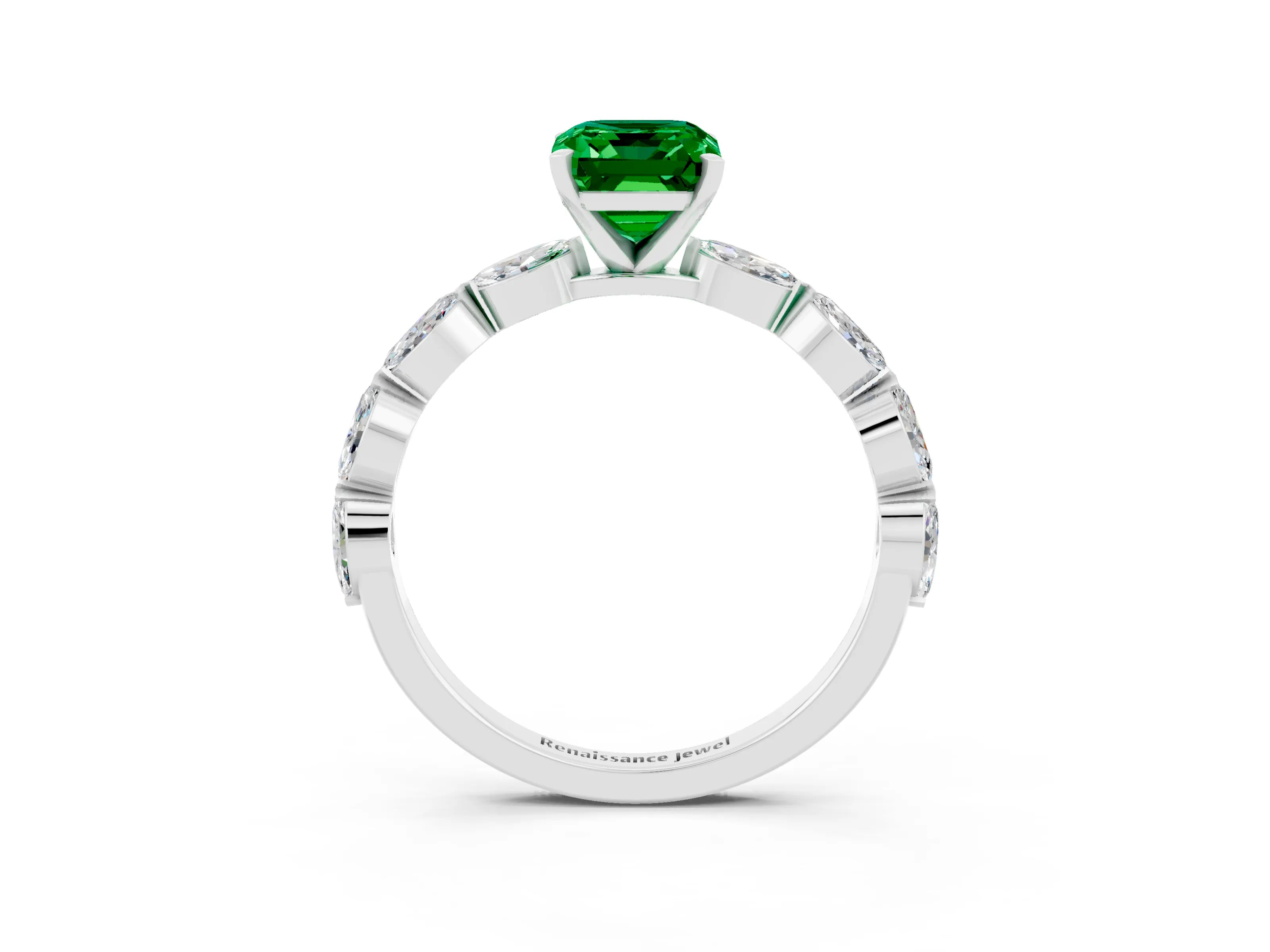 White gold Emerald Cut Emerald Ring with Marquise Side Stones and Prong Setting_3