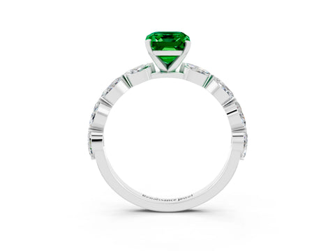 White gold Emerald Cut Emerald Ring with Marquise Side Stones and Prong Setting_3