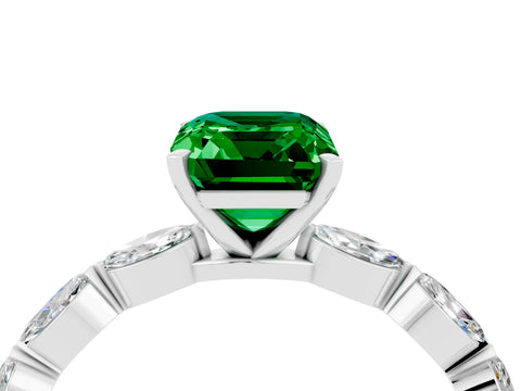 White gold Emerald Cut Emerald Ring with Marquise Side Stones and Prong Setting_4
