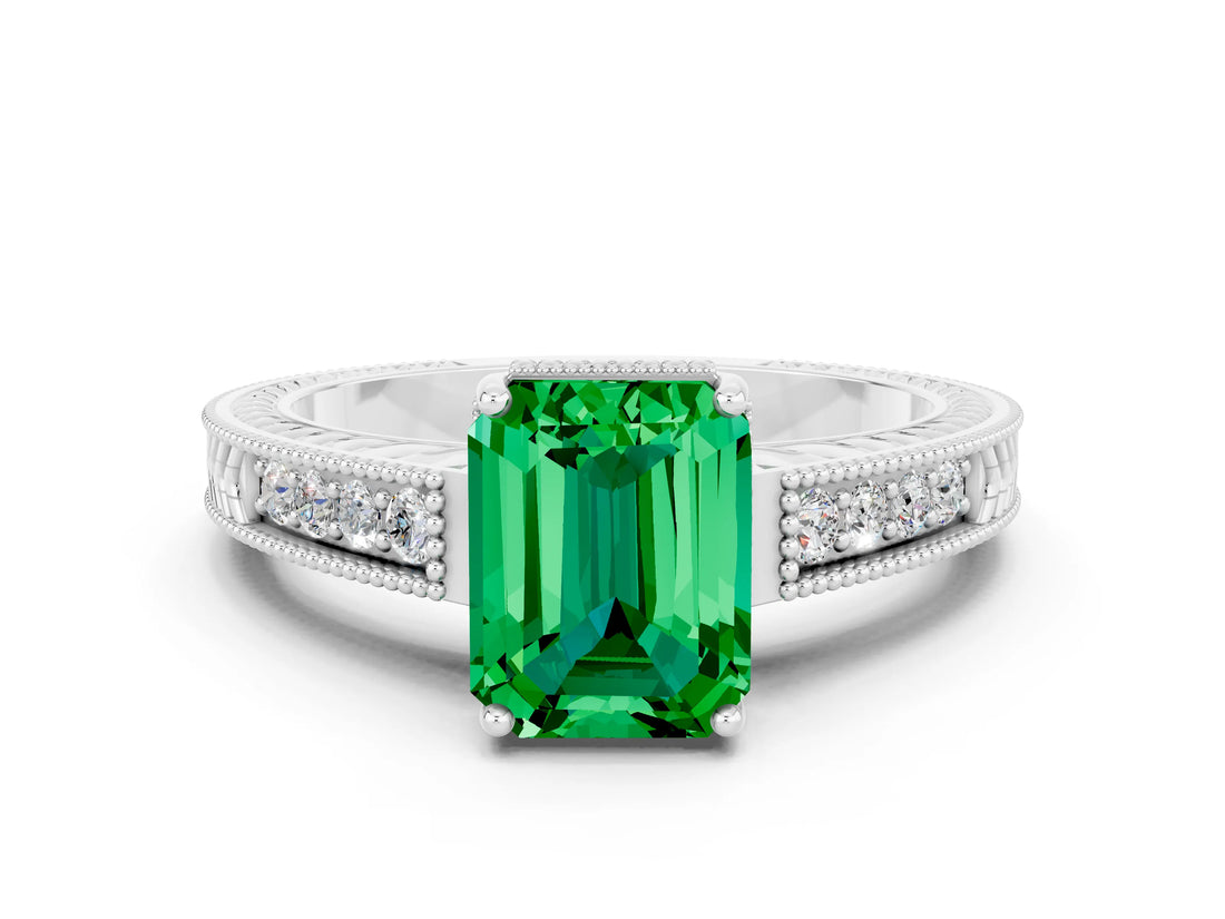 White gold Emerald Cut Emerald Ring with Milgrain Pavé Band and Four-Prong Setting_12