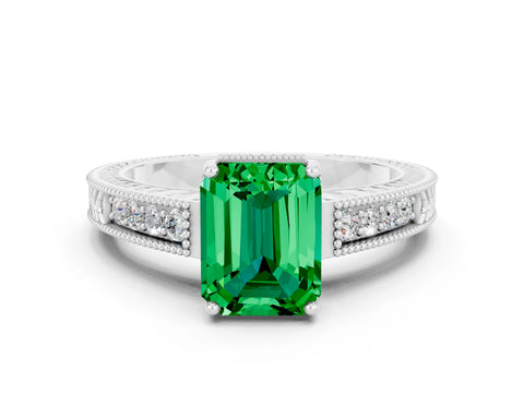 White gold Emerald Cut Emerald Ring with Milgrain Pavé Band and Four-Prong Setting_12