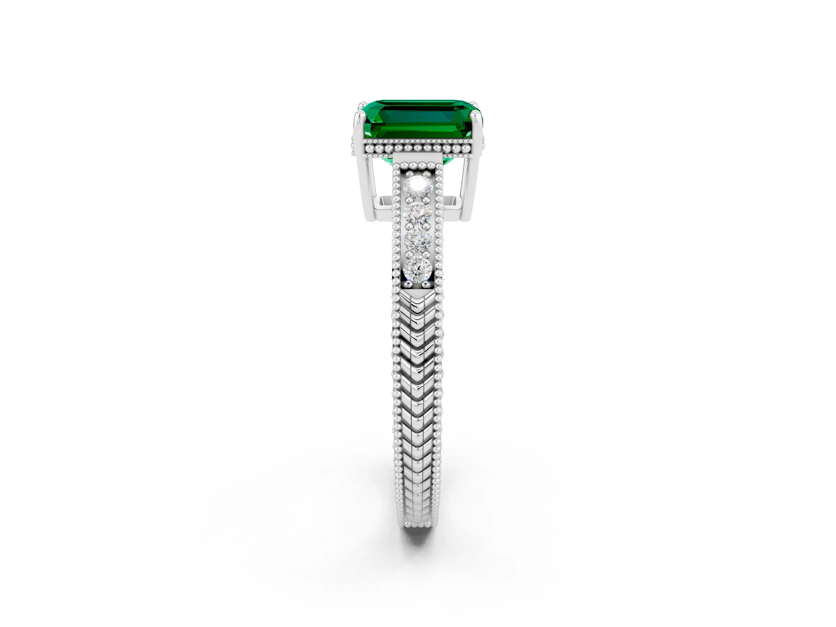 White gold Emerald Cut Emerald Ring with Milgrain Pavé Band and Four-Prong Setting_14
