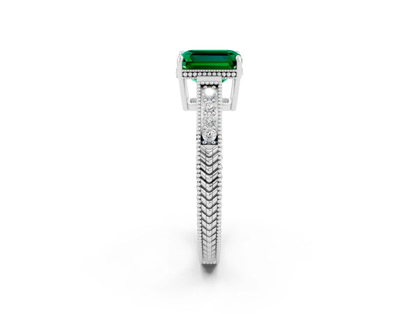 White gold Emerald Cut Emerald Ring with Milgrain Pavé Band and Four-Prong Setting