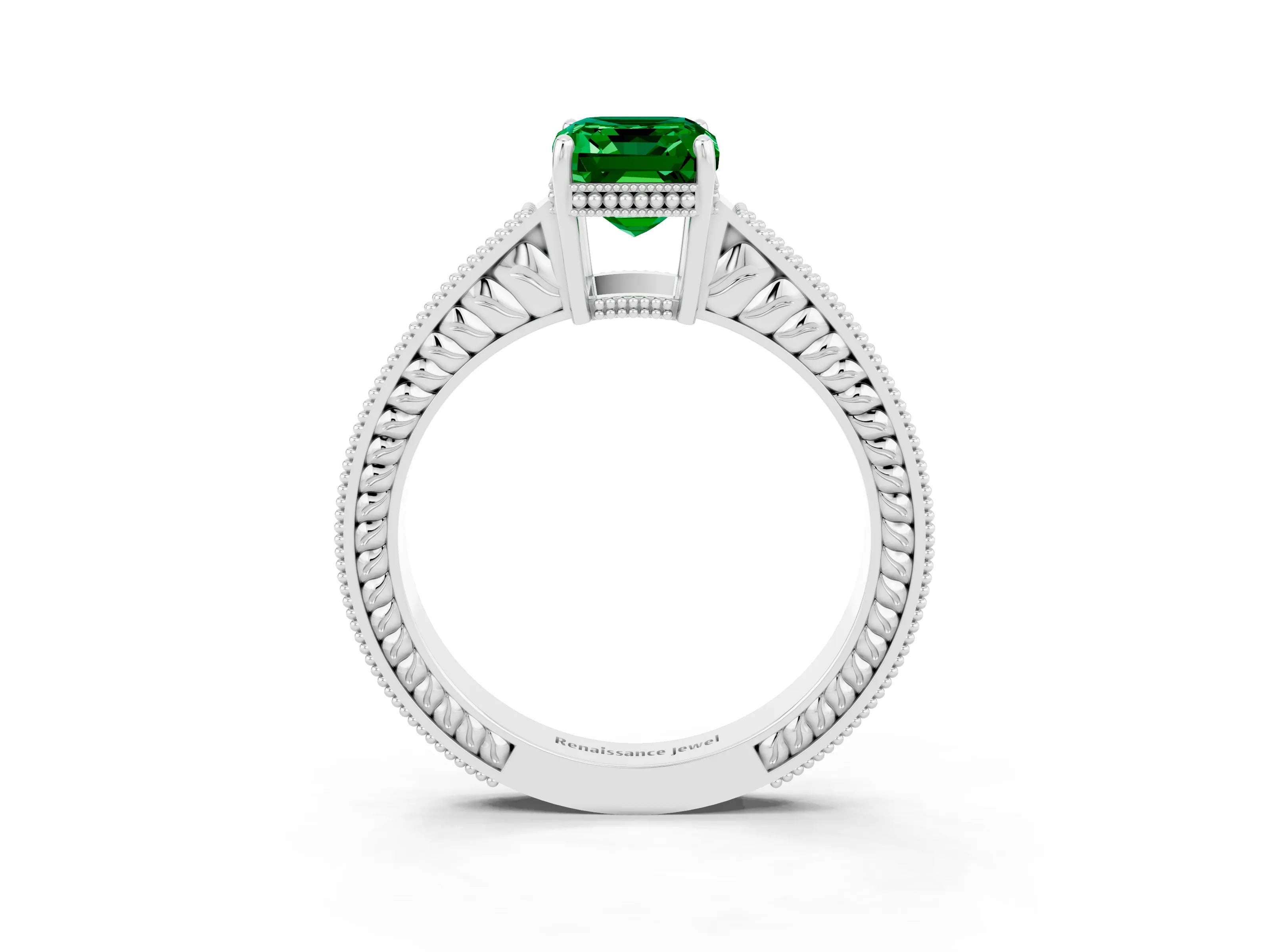 White gold Emerald Cut Emerald Ring with Milgrain Pavé Band and Four-Prong Setting_15