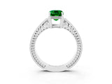 White gold Emerald Cut Emerald Ring with Milgrain Pavé Band and Four-Prong Setting_15