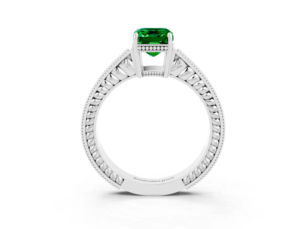 Silver Emerald Cut Emerald Ring with Milgrain Pavé Band and Four-Prong Setting