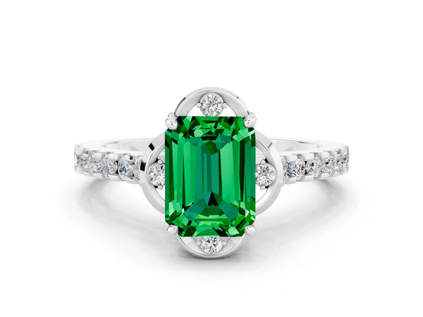 Platinum Emerald Cut Emerald Ring with Pavé Band and Floral Prong Setting