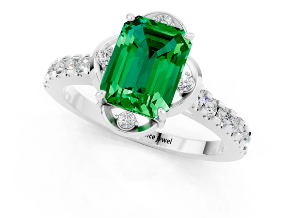 Silver Emerald Cut Emerald Ring with Pavé Band and Floral Prong Setting