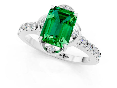 White gold Emerald Cut Emerald Ring with Pavé Band and Floral Prong Setting_1