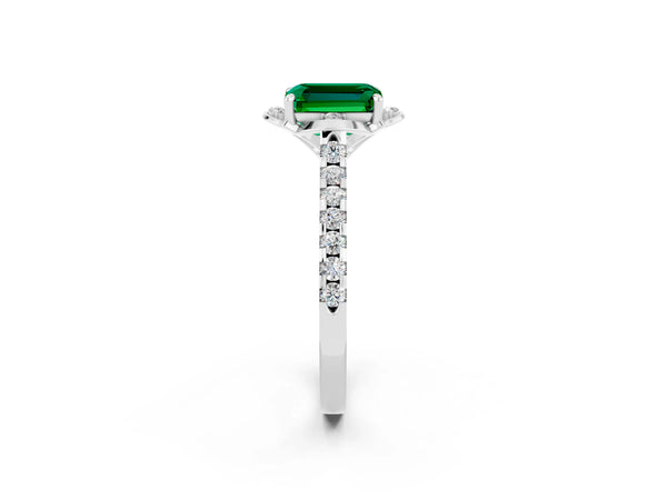 Silver Emerald Cut Emerald Ring with Pavé Band and Floral Prong Setting