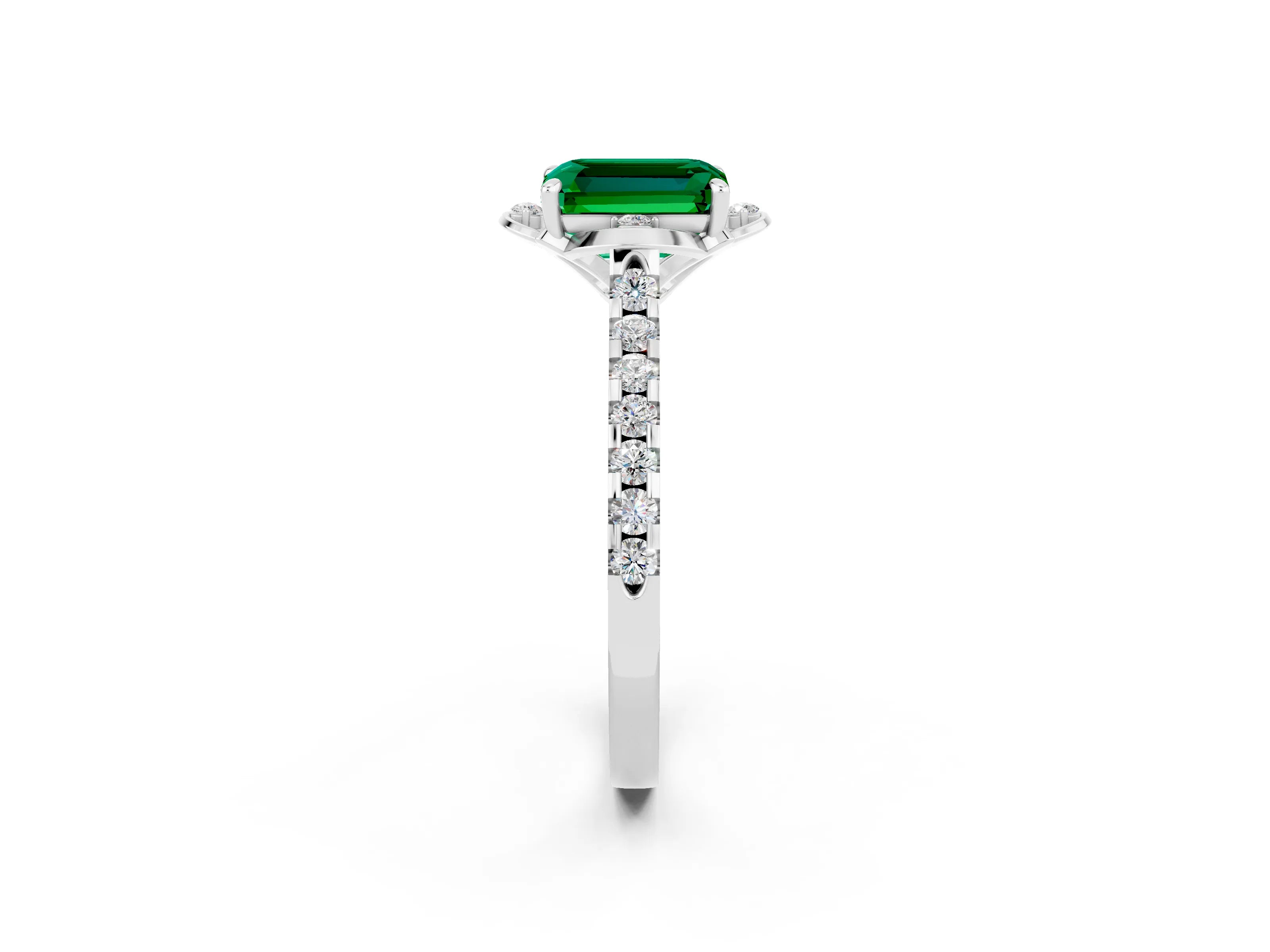 White gold Emerald Cut Emerald Ring with Pavé Band and Floral Prong Setting_2