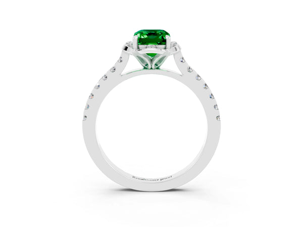Platinum Emerald Cut Emerald Ring with Pavé Band and Floral Prong Setting