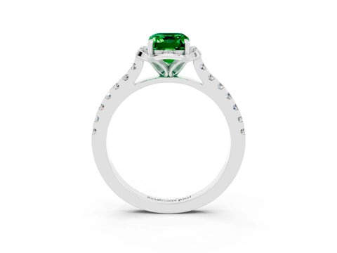 White gold Emerald Cut Emerald Ring with Pavé Band and Floral Prong Setting_3