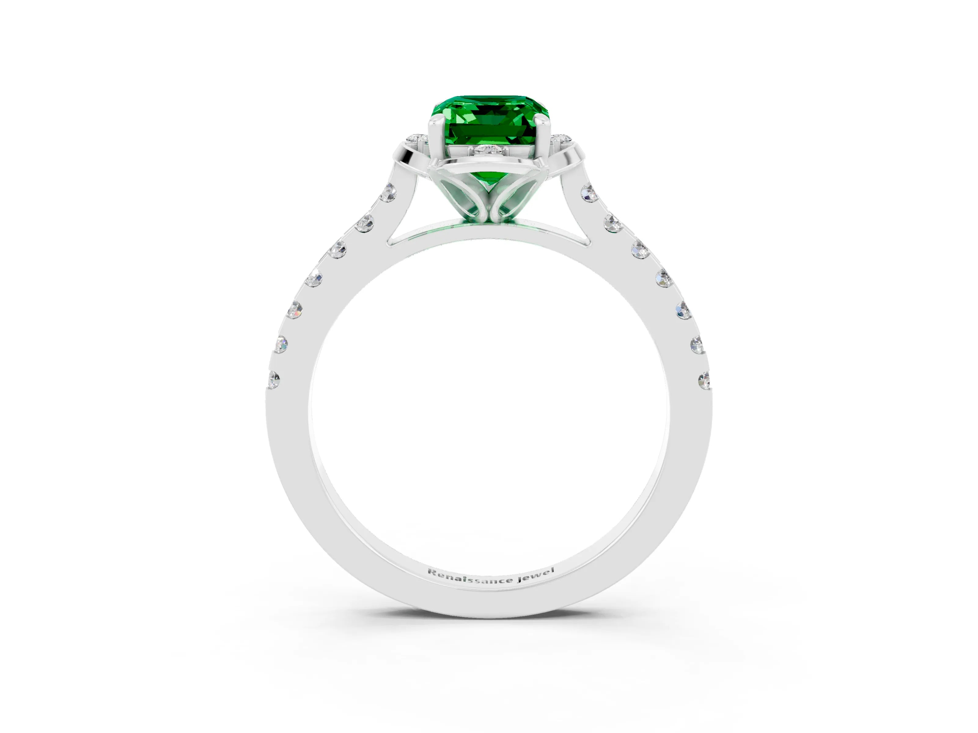 White gold Emerald Cut Emerald Ring with Pavé Band and Floral Prong Setting_3